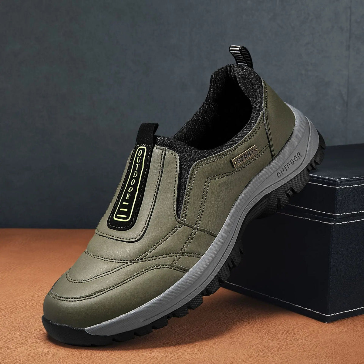AdTec men's outdoor hiking boot in olive green with black knit collar and rugged gray sole