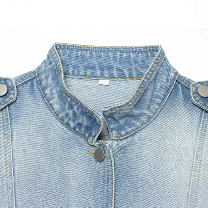 Button up stand collar denim jacket for women