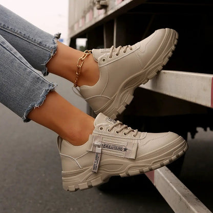 AdTec beige lace-up women's sneakers with side zipper and thick chunky sole (two shoes shown)