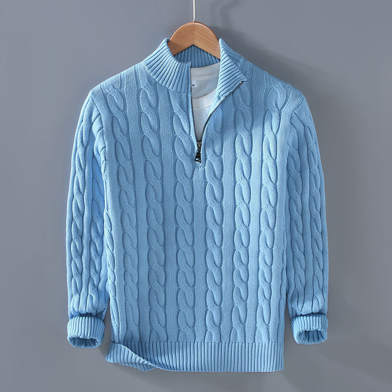 Men's Thickened Coarse Knit Mock Neck Zipper Loose Pullover Sweater