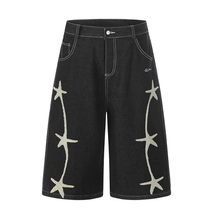 Shorts with star plush embroidery on black washed denim by eprolo, side star patterns
