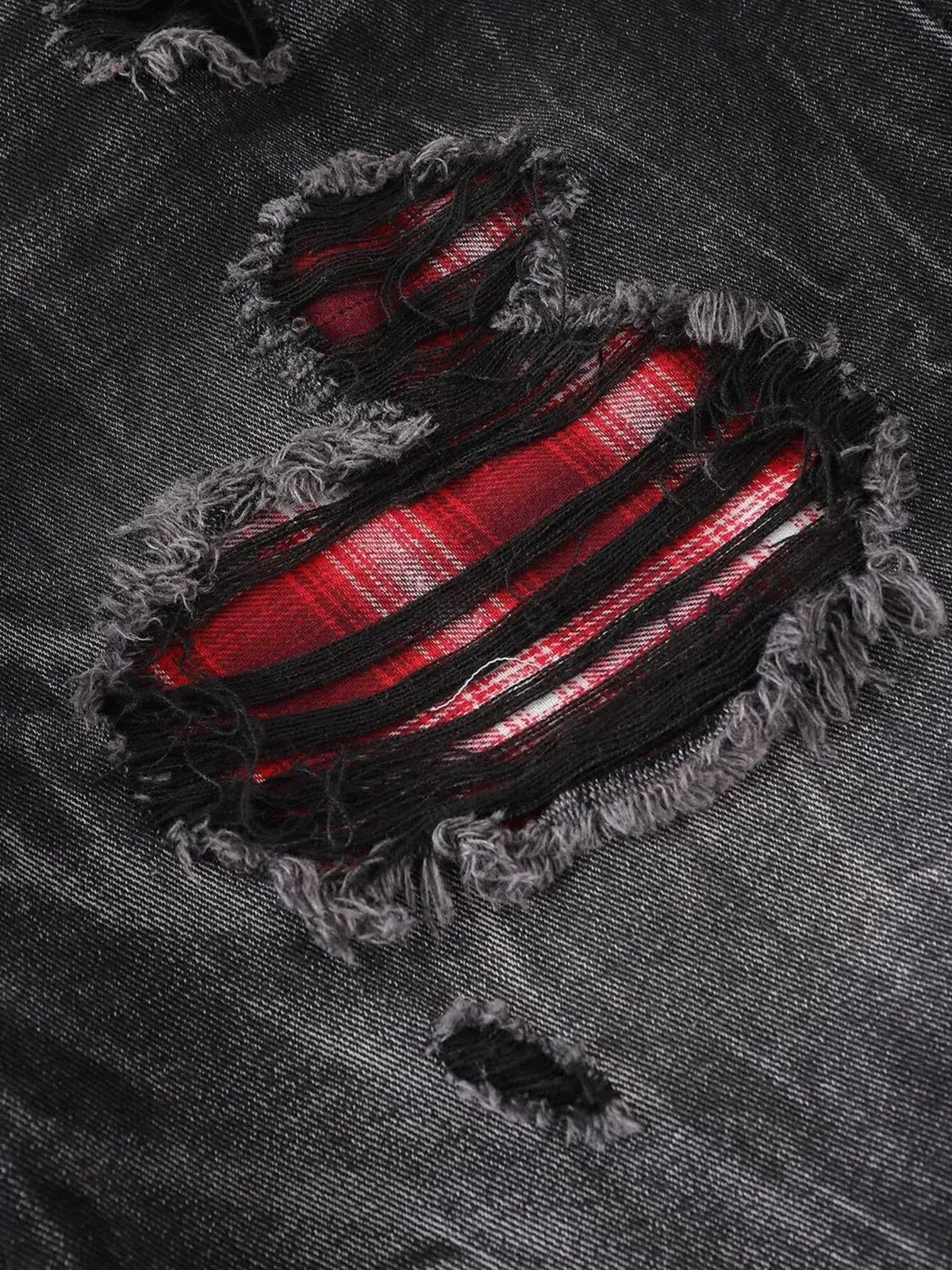 Mens distressed denim shorts with red plaid patches and pockets, Trendsi