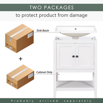 24" White Modern Sleek Bathroom Vanity Elegant Ceramic Sink with Solid Wood Frame Open Style Shelf by eprolo