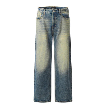 Color blocked yellow mud dyed washed denim jeans by eprolo
