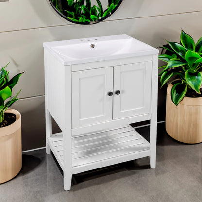 24" White Modern Sleek Bathroom Vanity Elegant Ceramic Sink with Solid Wood Frame Open Style Shelf by eprolo