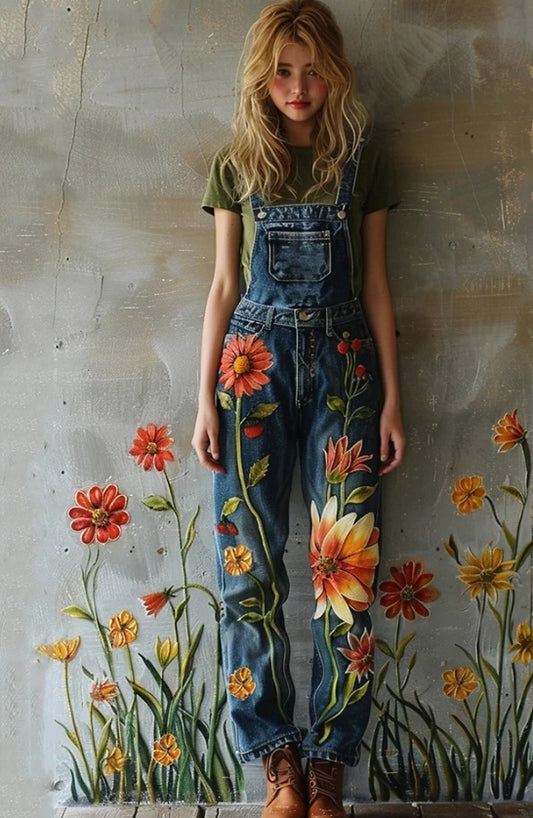 Combinaison en jean à imprimé floral vintage