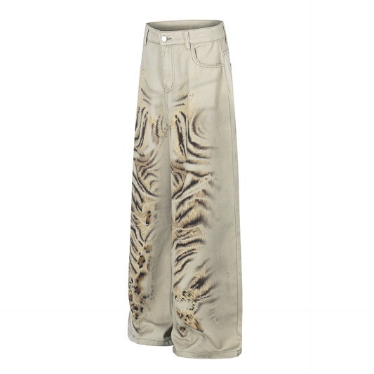 Pantalones Vaqueros Estampados Desgastados Unisex Holgados de Pierna Ancha de Estilo Urbano Moderno de Pierna Recta Hasta el Suelo
