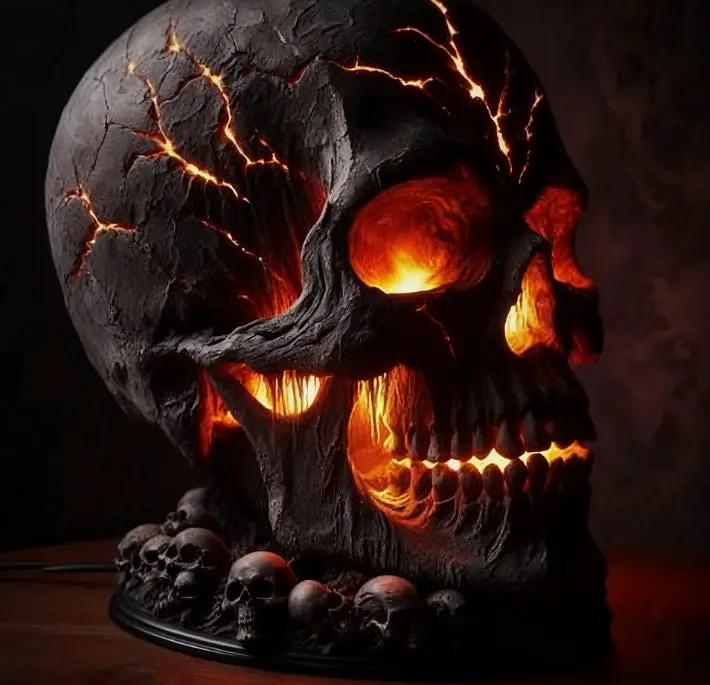 Skull desk lamp by AdTec with glowing orange lava cracks and skulls at the base