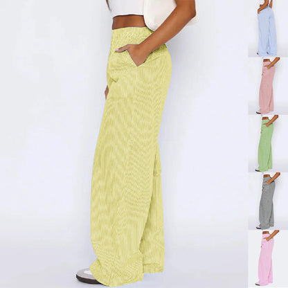 Pantalon rayé avec poches, pantalon décontracté et ample à jambe droite pour femmes