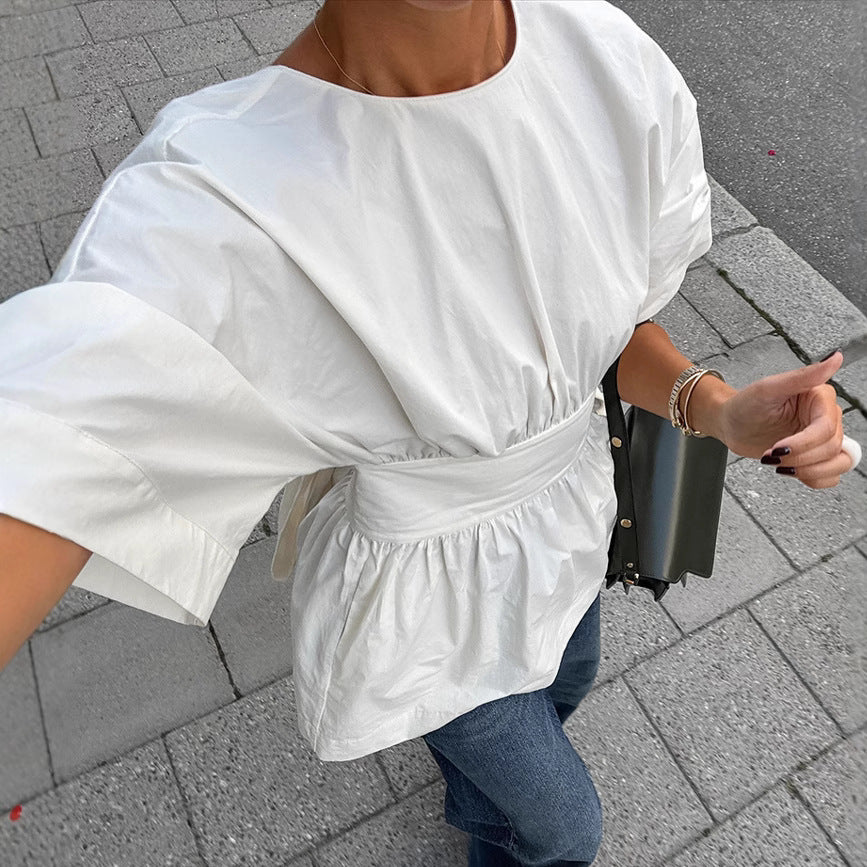 Camiseta de manga corta sin espalda de verano con diseño anudado en la espalda, top de moda de manga murciélago para ropa de mujer
