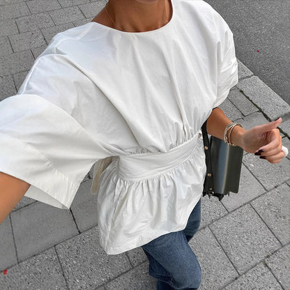 Camiseta de manga corta sin espalda de verano con diseño anudado en la espalda, top de moda de manga murciélago para ropa de mujer