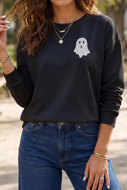 Round Neck Ghost Print Regular Fit Graphic Long Sleeve T-Shirt in black with a glitter ghost print, Trendsi.