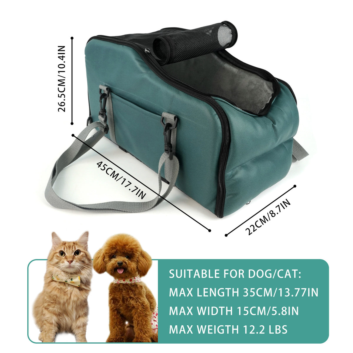 Removable and washable car pet kennel mat in teal by AdTec with grey strap