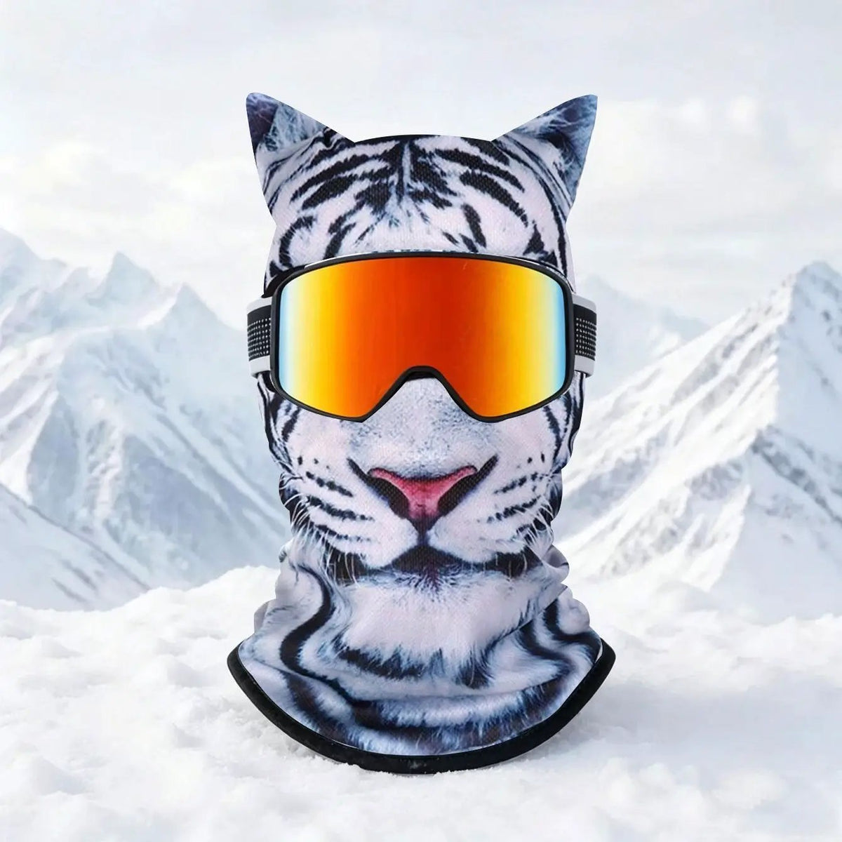 AdTec tiger-print balaclava with mirrored orange ski goggles, windproof thermal winter face mask