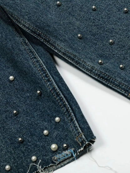 Men's relaxed wide-leg blue denim shorts with pearl studs and frayed hem in soft washed cotton