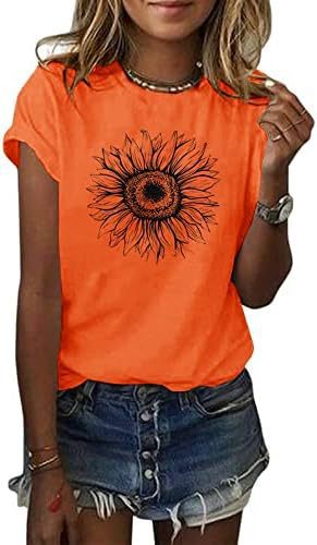 Camiseta de manga corta para mujer con estampado de girasol, top holgado de verano