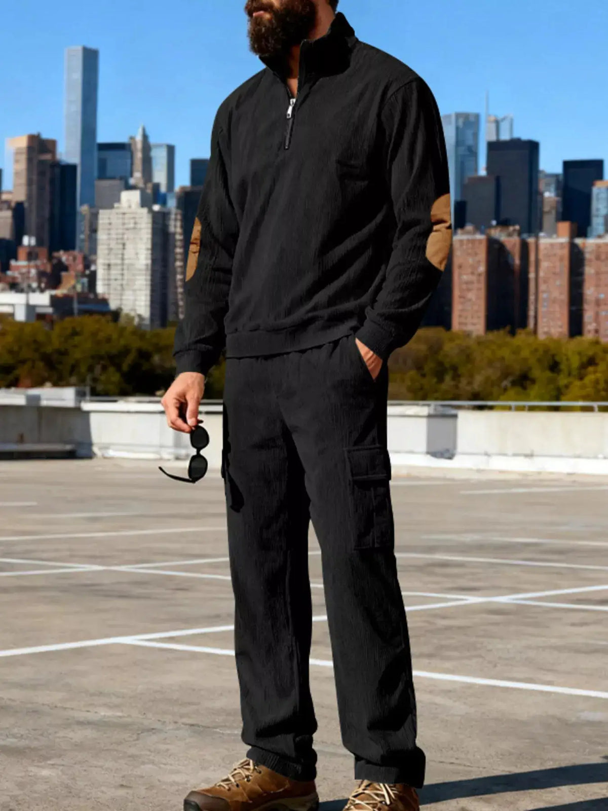 Mens black zip-neck long-sleeve top and matching pants set, plus size with cargo pockets
