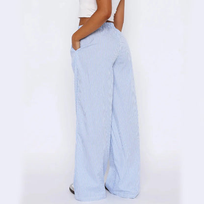 Pantalon rayé avec poches, pantalon décontracté et ample à jambe droite pour femmes