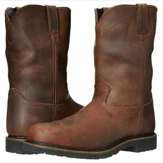 Boots: AdTec retro brown men's casual leather boots with low heel, pair