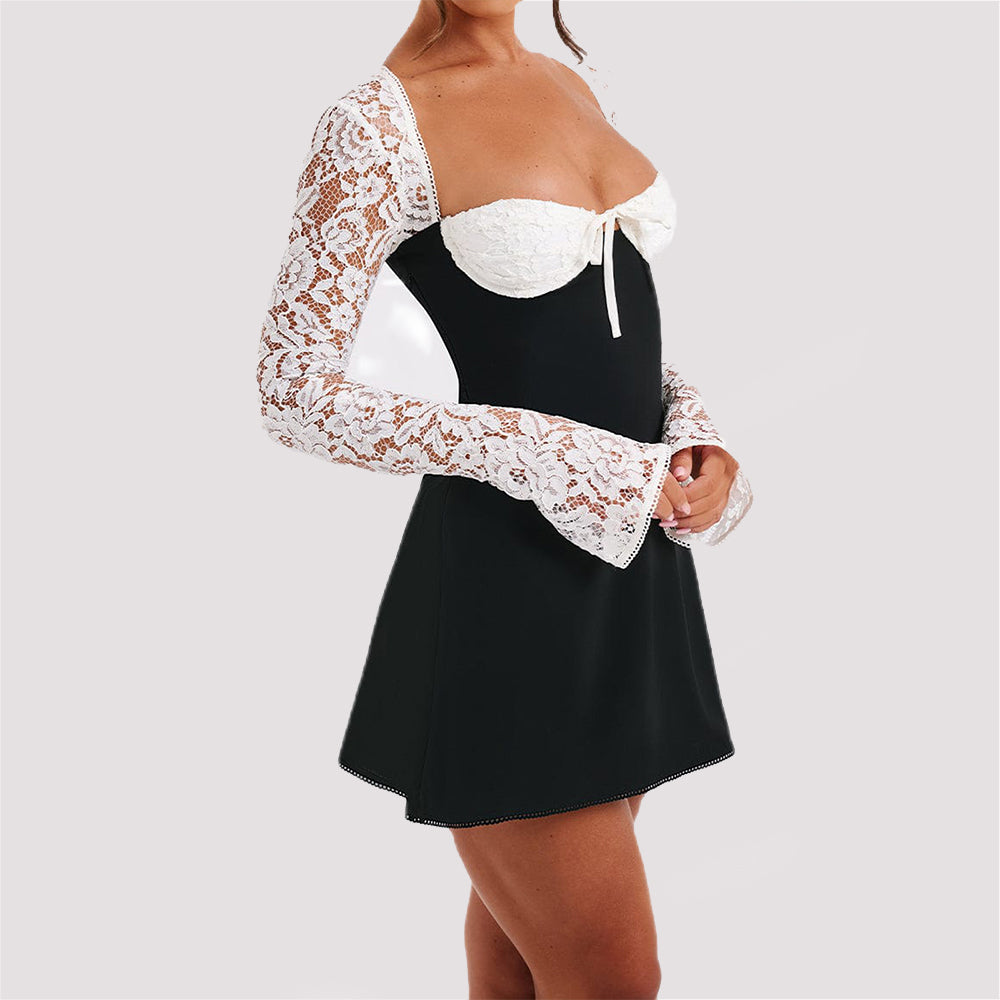Robe courte Y2K en dentelle à manches longues, mode sexy, bustier dos nu, à lacer, vêtements pour femmes