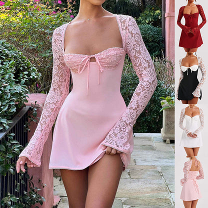 Robe courte Y2K en dentelle à manches longues, mode sexy, bustier dos nu, à lacer, vêtements pour femmes