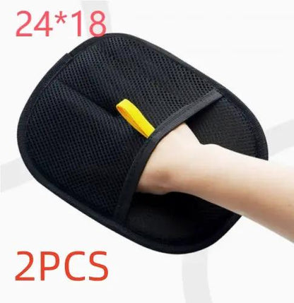 Pet hair remover mitts, black mesh deshedding gloves, 2-piece set for dogs, cats, and rabbits
