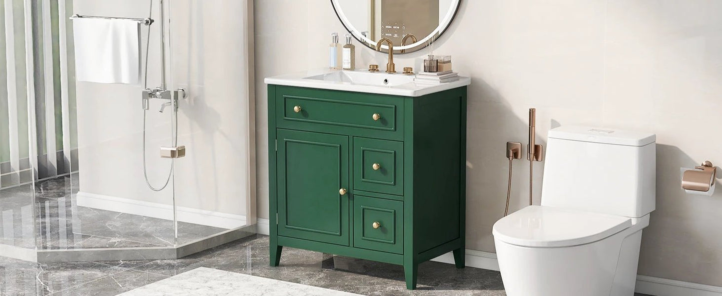 30" Bathroom Vanity with Sink Top, Bathroom Vanity Cabinet with Door and Two Drawers, Solid Wood Frame, One Package, Green by eprolo