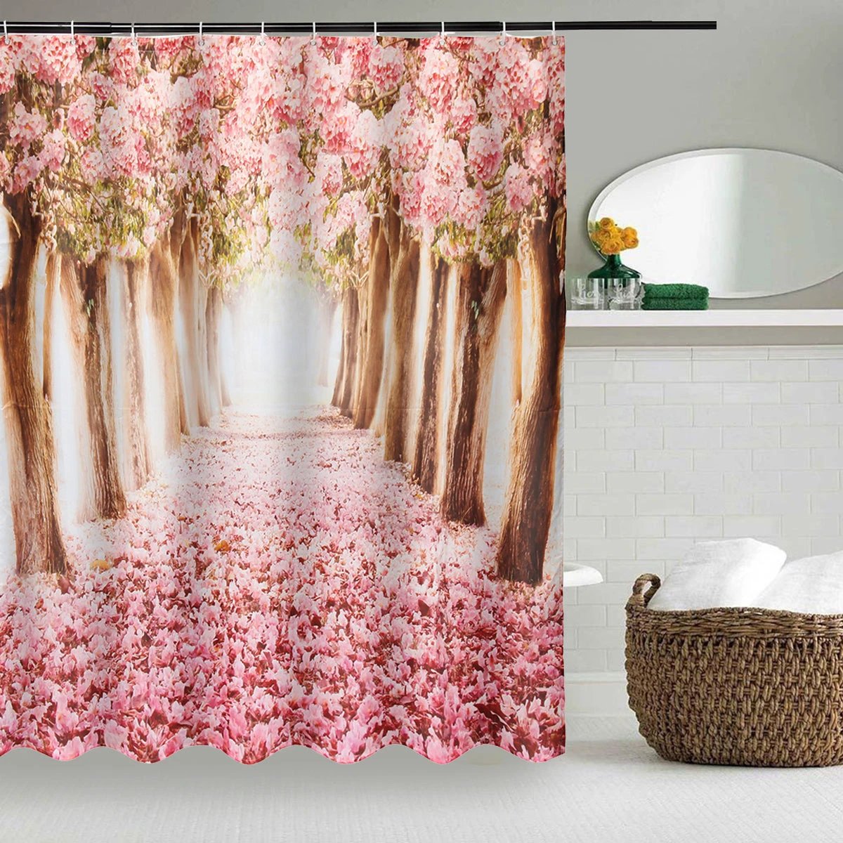 Arrivals Europe Pink Sakura Tree Pattern Bathroom Four-piece Suit,Shower Curtain Bathroom Pedestal Rug Lid Toilet Cover Bath Mat Set by eprolo