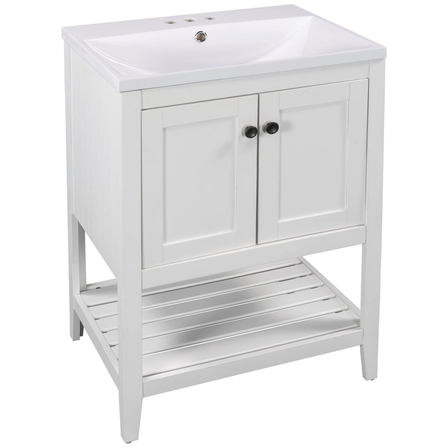 24" White Modern Sleek Bathroom Vanity Elegant Ceramic Sink with Solid Wood Frame Open Style Shelf by eprolo