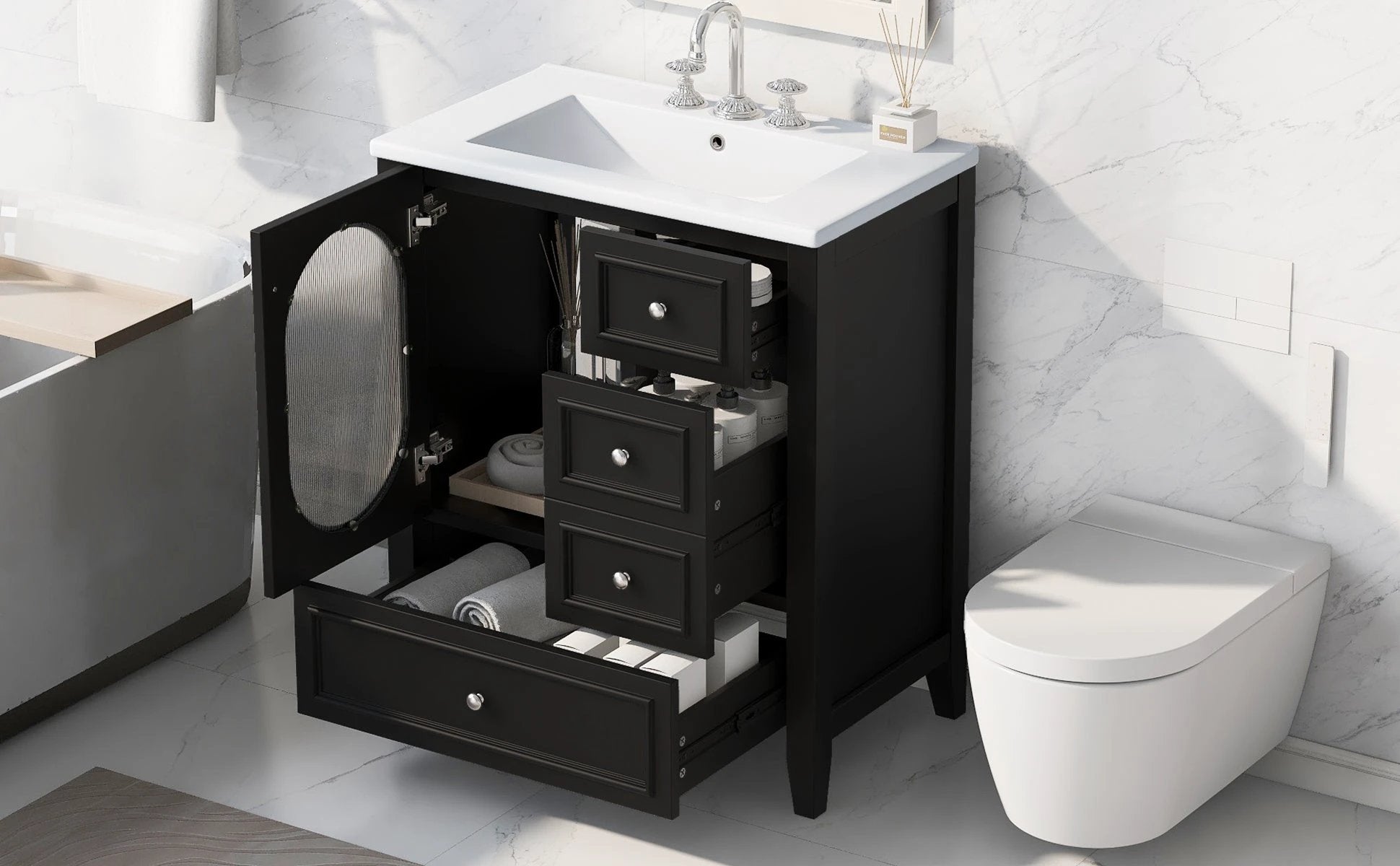 30" Bathroom Vanity with Sink, Bathroom Vanity Cabinet with Three Drawers and Door by eprolo