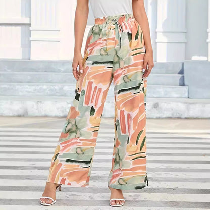 Elastic waist wide-leg pants, abstract watercolor print in peach, green, and beige, by eprolo
