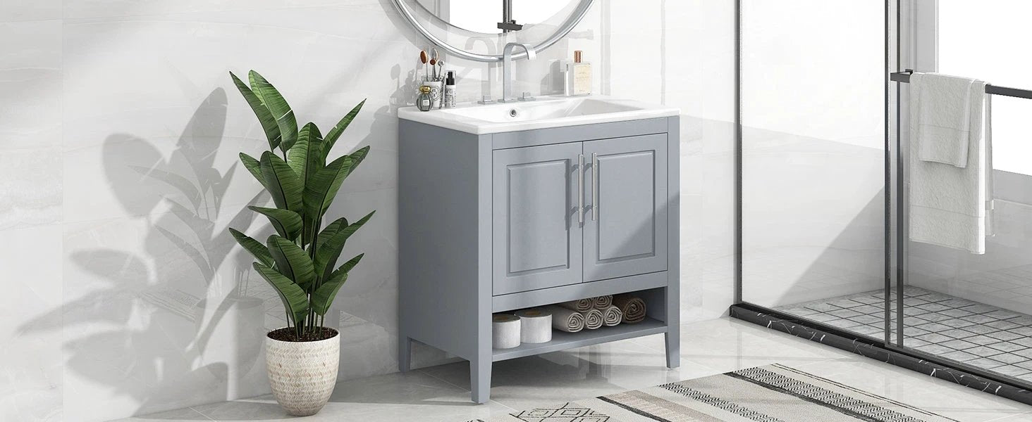 30" Bathroom Vanity with Sink, Multi-functional Bathroom Cabinet with Doors and Drawers, Solid Frame and MDF Board, Grey by eprolo