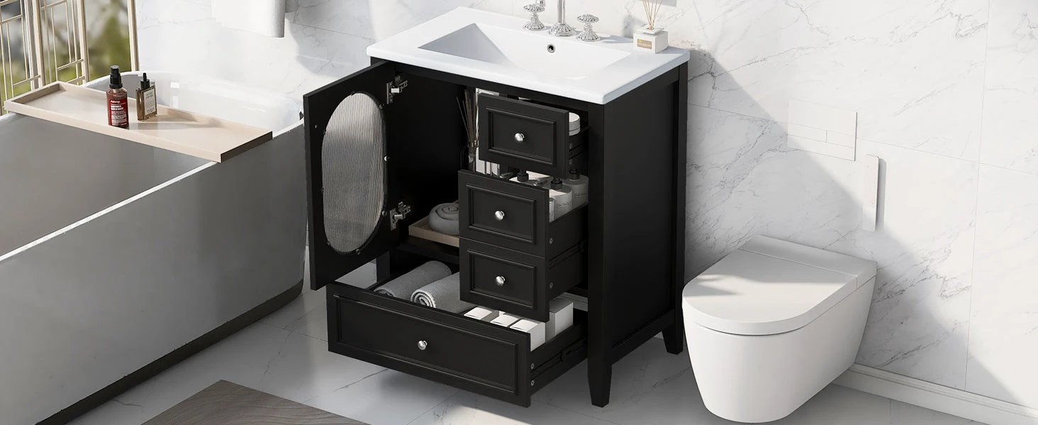 30" Bathroom Vanity with Sink, Bathroom Vanity Cabinet with Three Drawers and Door by eprolo
