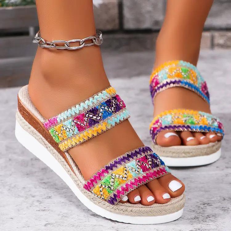Fashion wavy-pattern woven sandals with colorful embroidered straps, espadrille wedge and linen bottom, two sandals.