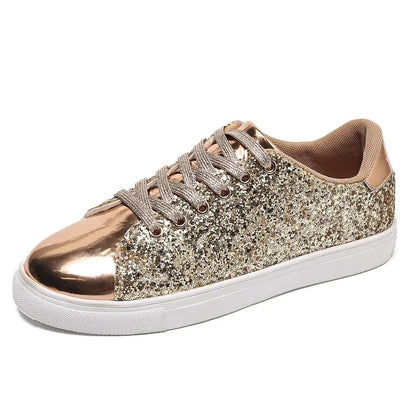 Plus-size sequined lace-up sneaker in rose-gold with glitter panels, metallic toe cap, and white sole by AdTec