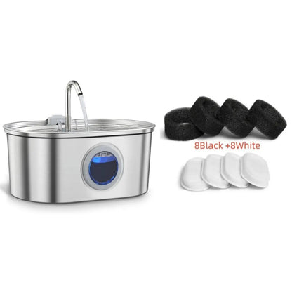 Water Feeder Stainless Steel Pet Water Dispenser by AdTec with blue window; 4 black foam filters, 4 white pads.