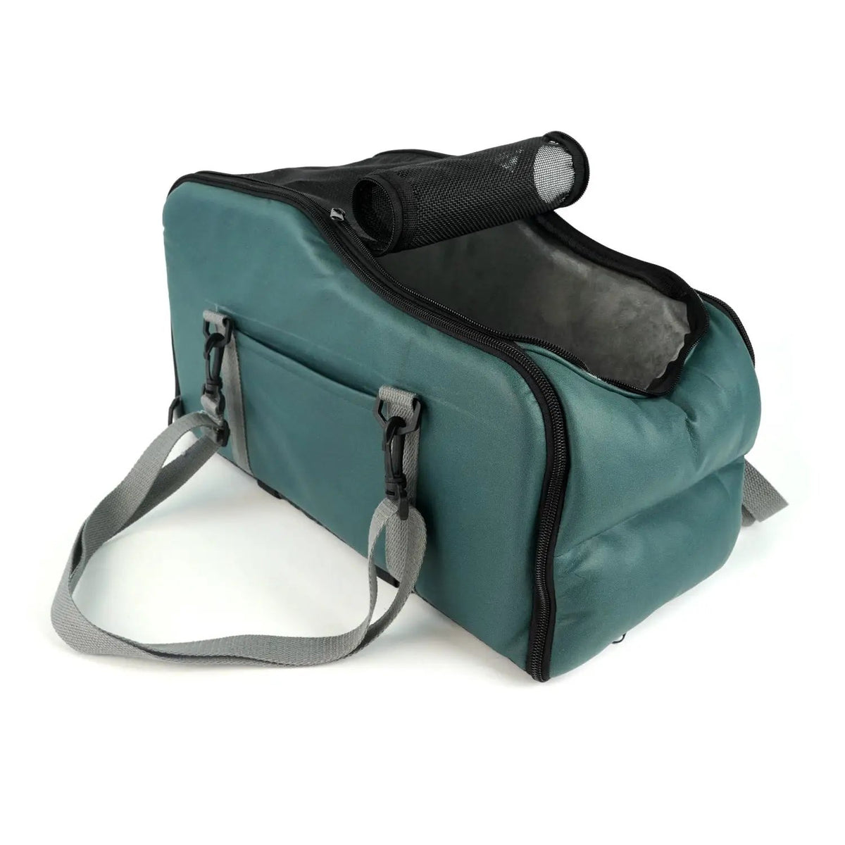 Removable and washable car pet mat in teal nylon with gray straps and black zipper