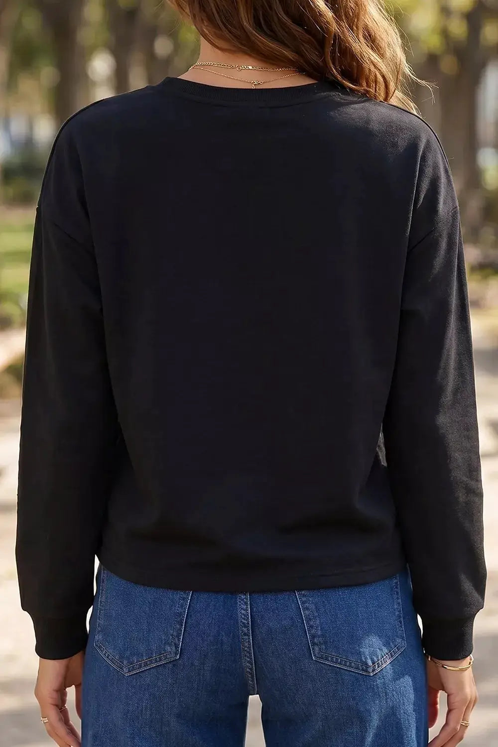 Round Neck Ghost Print Regular Fit Graphic Long Sleeve T-Shirt in black, back view