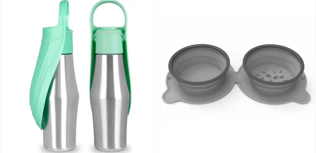 AdTec portable dog water bottle with green silicone leaf sleeve and strap; two items shown: collapsible travel bowls.