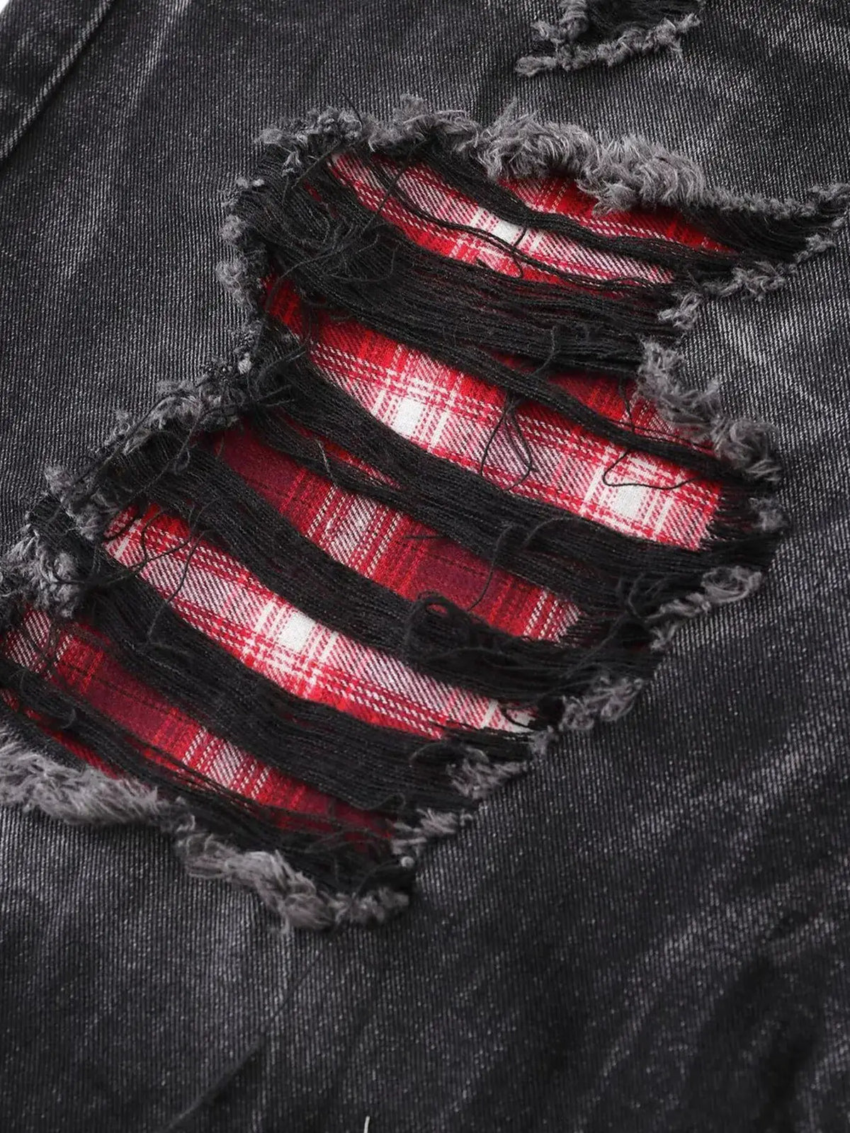 Mens distressed denim shorts with red plaid patches and pockets; black denim by Trendsi