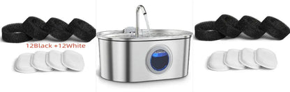 Water Feeder stainless steel pet water dispenser by AdTec with blue indicator; includes 12 black and 12 white filters.