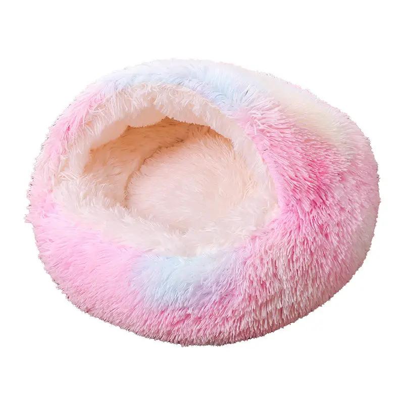 Deep Sleep half-pack semi-enclosed plush round pet bed by AdTec, pastel pink-blue donut shape
