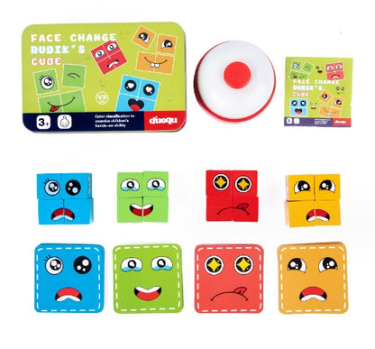 Jouet en Bois Expressions Cubes Magiques en Bois Blocs de Construction Motif Visage Jouets Éducatifs Montessori Puzzles Blocs à Assortir en Bois