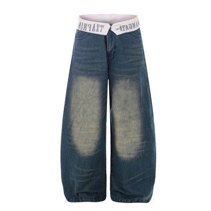 Pantalon long délavé, taille haute, coupe ample et large, jambe droite et étroite