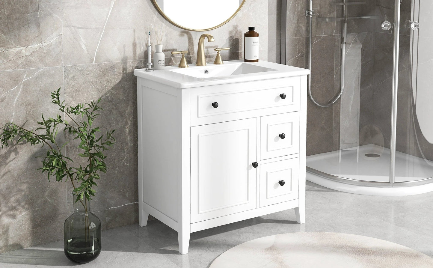 30" Bathroom Vanity with Sink Top, Bathroom Vanity Cabinet with Door and Two Drawers, Solid Wood Frame, One Package, White by eprolo