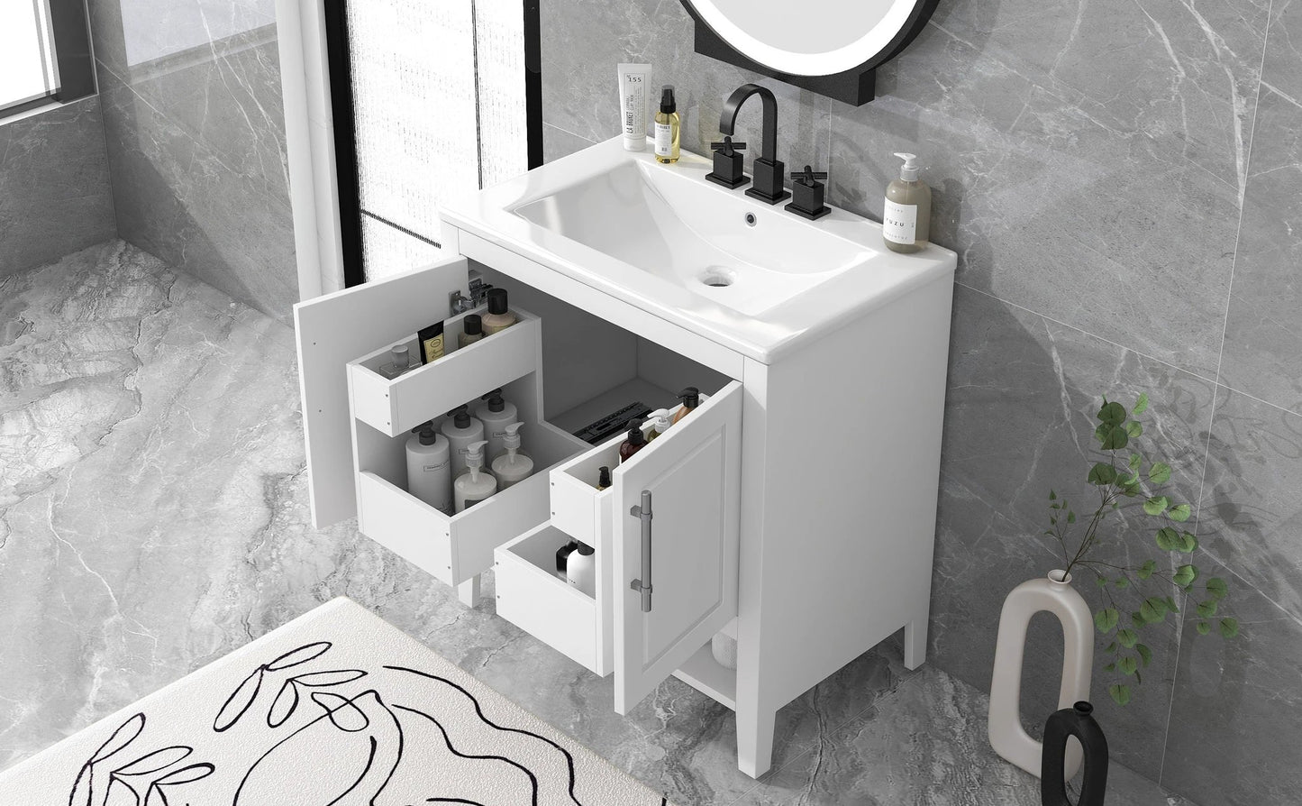 30" Bathroom Vanity with Sink Multi-functional Bathroom Cabinet with Doors and Drawers Solid Frame and MDF Board, White by eprolo