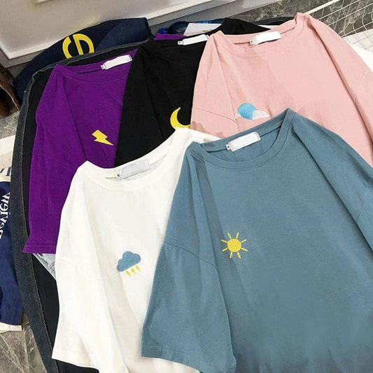 Vintage-inspired Loose Cartoon Embroidered Girl's Short Sleeve T-Shirt Women Fashion Casual Oversized Top by eprolo