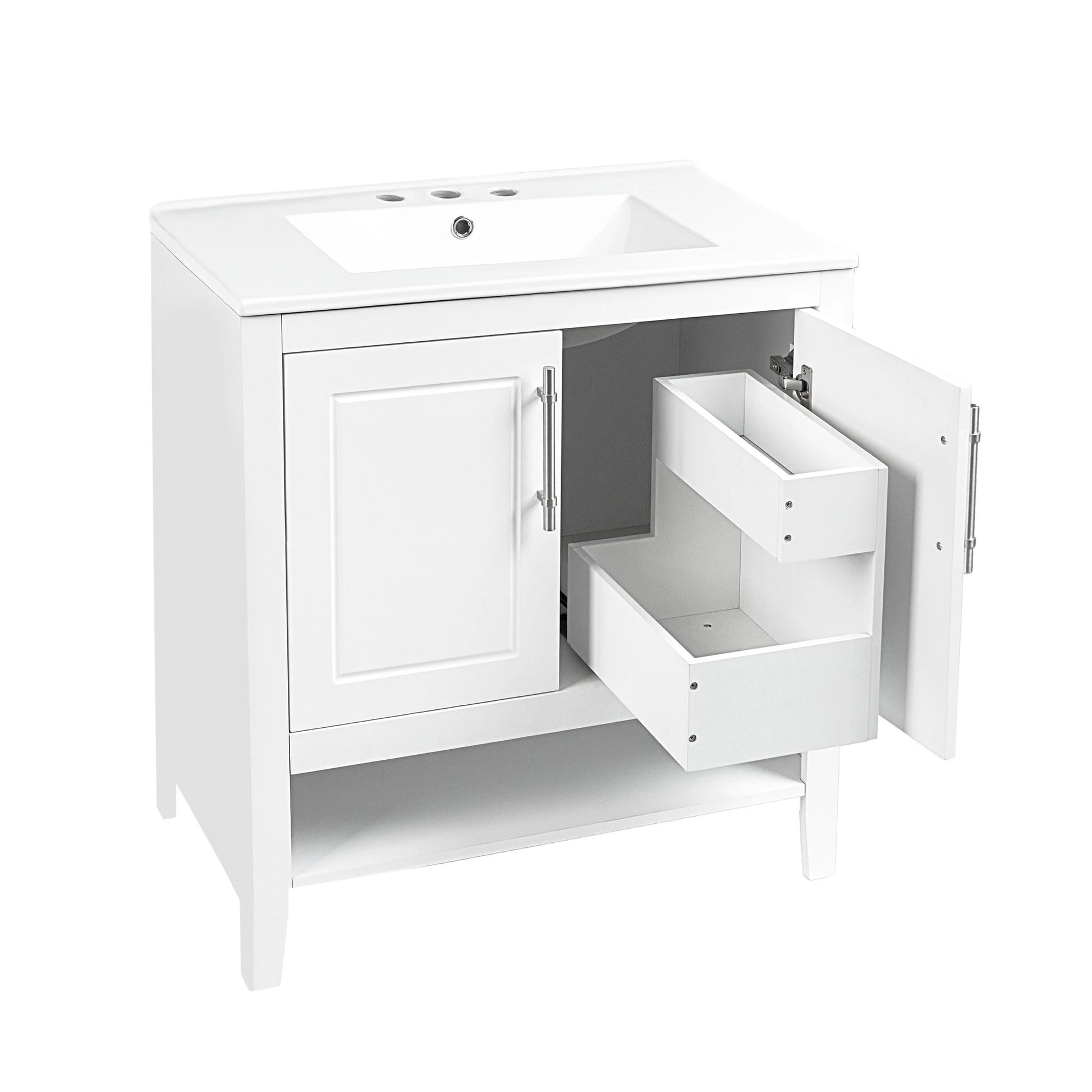 30" Bathroom Vanity with Sink Multi-functional Bathroom Cabinet with Doors and Drawers Solid Frame and MDF Board, White by eprolo