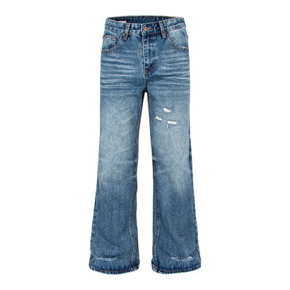 Blue Distressed Cat-Whisker Bamboo Texture Flared Jeans