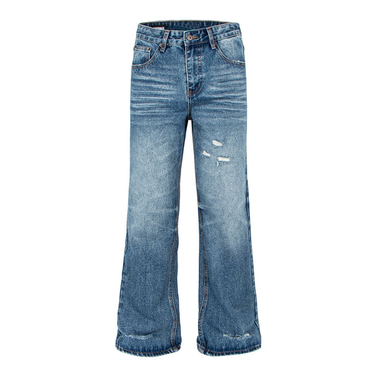 Blue Distressed Cat-Whisker Bamboo Texture Flared Jeans